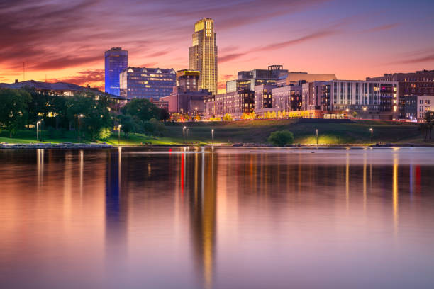 Downtown Omaha, Nebraska skyline at dusk